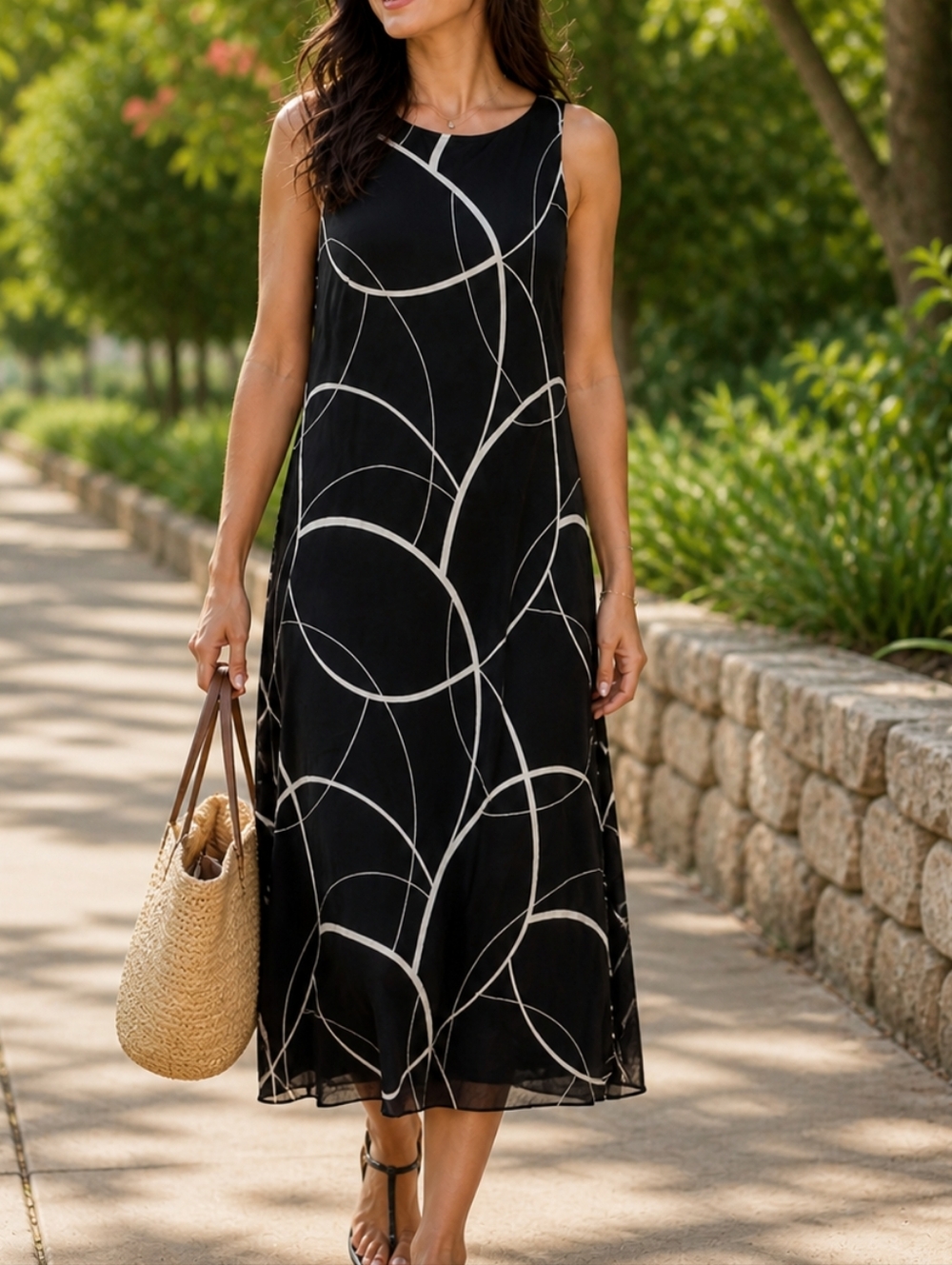 Jones Wear Black & White Abstract Sheath Midi Dress | Sleeveless Modern Classic